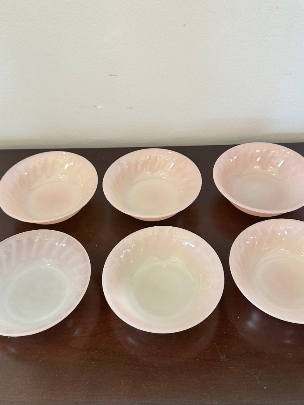 Fire King Oven Ware Lot Vintage 1950s USA 6 Dessert Berry Bowls Pink Swirl